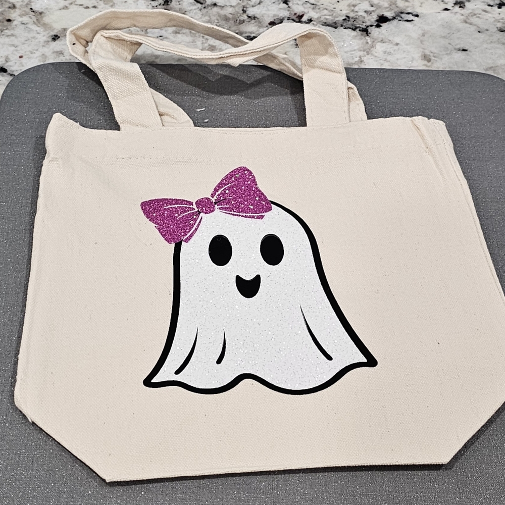 Canvas Tiny Tote Bag with Ghost and Pink Bow